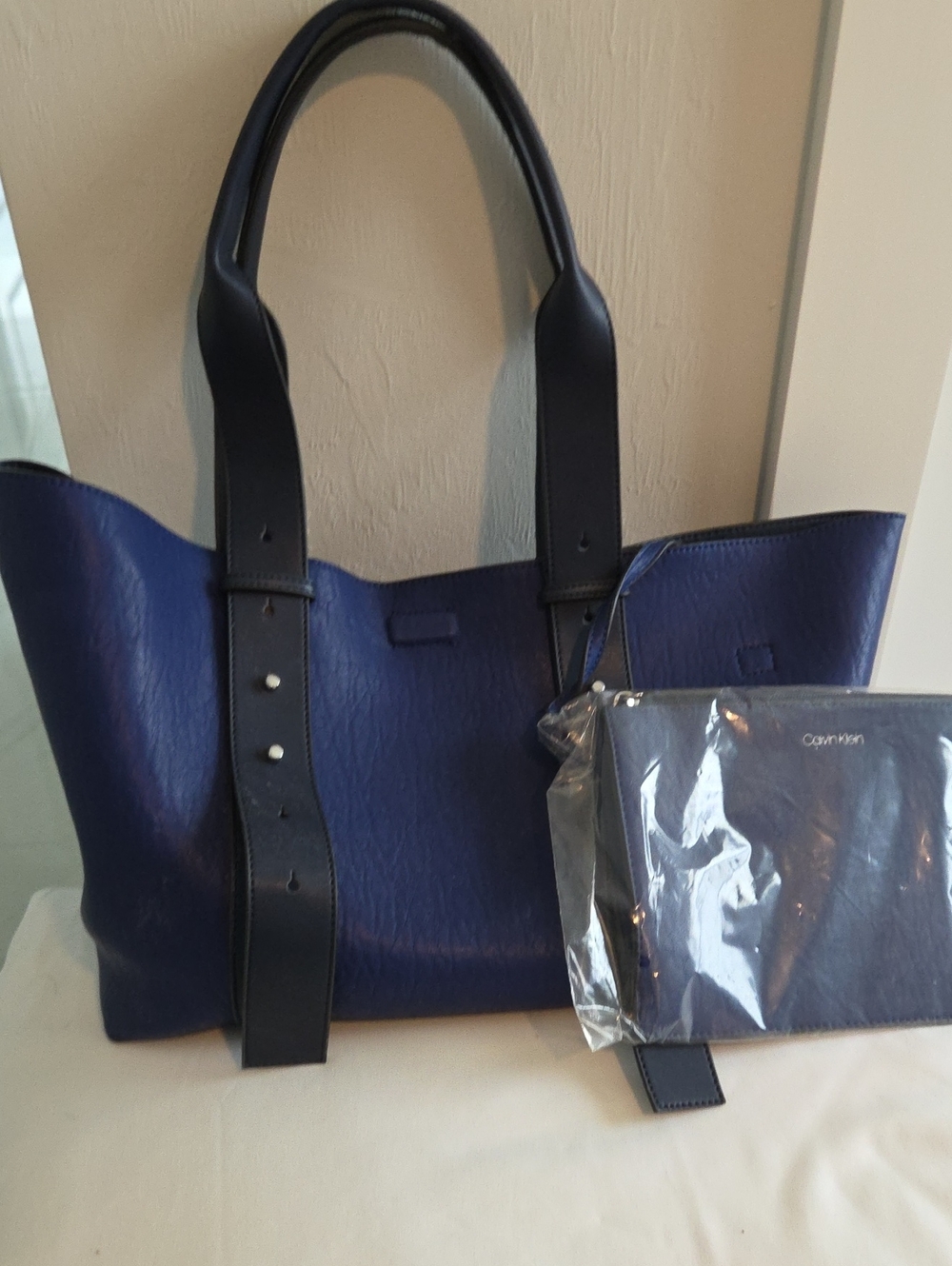 Calvin Klein Deep Blue Leather Tote with Matching Pouch